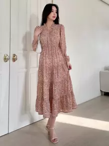 DAZY 碎花泡泡袖多層下擺連衣裙 - 粉色 - 查看 1