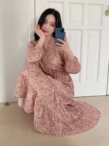 DAZY 碎花泡泡袖多層下擺連衣裙 - 粉色 - 查看 2