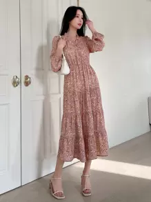 DAZY 碎花泡泡袖多層下擺連衣裙 - 粉色 - 查看 3