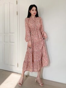 DAZY 碎花泡泡袖多層下擺連衣裙 - 粉色 - 查看 4