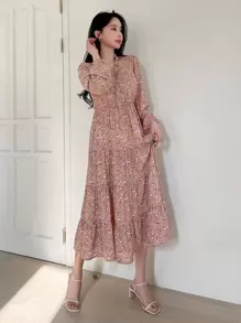 DAZY 碎花泡泡袖多層下擺連衣裙 - 粉色 - 查看 5