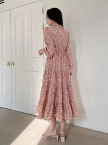 DAZY 碎花泡泡袖多層下擺連衣裙 - 粉色 - 查看 6