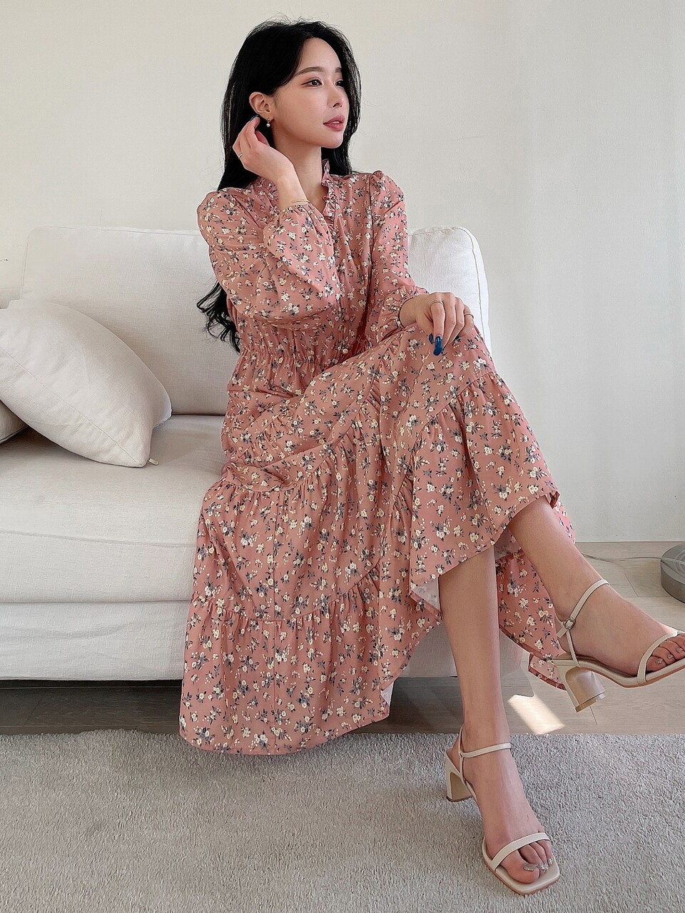 Ditsy Floral Print Puff Sleeve Layered Hem Dress,Fall Clothes Vacation Outfits Women