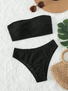 SHEIN Swim Summer Beach Textured Bikini Set Bandeau Top & High Waisted Bottom 2 Pieces Bikini - Black - View 1