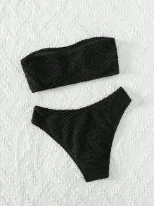 SHEIN Swim Summer Beach Textured Bikini Set Bandeau Top & High Waisted Bottom 2 Pieces Bikini - Black - View 2