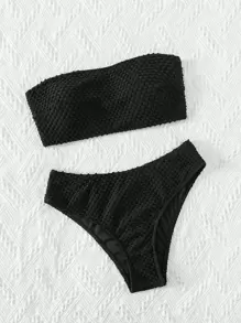 SHEIN Swim Summer Beach Textured Bikini Set Bandeau Top & High Waisted Bottom 2 Pieces Bikini - Black - View 5