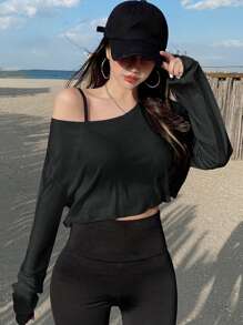 DAZY Camiseta corta con cuello asimétrico y hombros caídos, ropa de otoño con mangas largas para mujeres - Negro - Ver 3