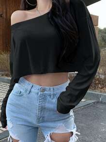 DAZY Camiseta corta con cuello asimétrico y hombros caídos, ropa de otoño con mangas largas para mujeres - Negro - Ver 5