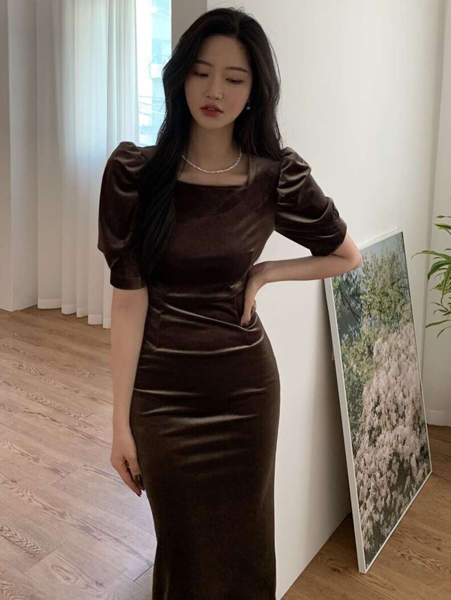 DAZY Puff Sleeve Velvet Dress - Khaki - View 1