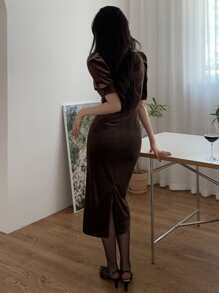 DAZY Puff Sleeve Velvet Dress - Khaki - View 2