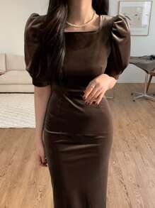 DAZY Puff Sleeve Velvet Dress - Khaki - View 3