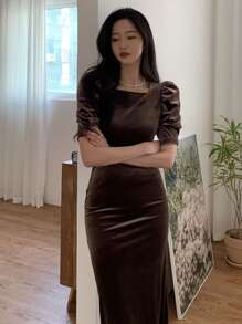 DAZY Puff Sleeve Velvet Dress - Khaki - View 4