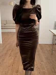 DAZY Puff Sleeve Velvet Dress - Khaki - View 6