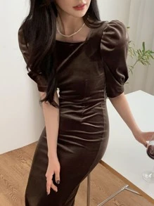 DAZY Puff Sleeve Velvet Dress - Khaki - View 7