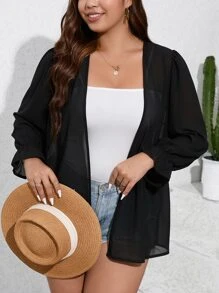 SHEIN LUNE Plus Flounce Sleeve Open Front Coat Fall Winter Cloth For Women - Black - View 3