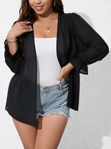 SHEIN LUNE Plus Flounce Sleeve Open Front Coat Fall Winter Cloth For Women - Black - View 4