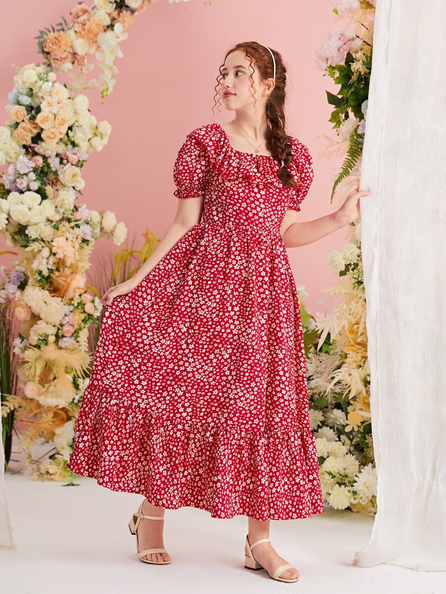 SHEIN Leap Crew Teen Girls Ditsy Floral Print Ruffle Trim Ruffle Hem Dress - Red and White - View 1