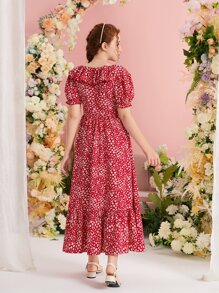 SHEIN Leap Crew Teen Girls Ditsy Floral Print Ruffle Trim Ruffle Hem Dress - Red and White - View 2