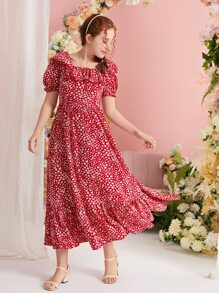 SHEIN Leap Crew Teen Girls Ditsy Floral Print Ruffle Trim Ruffle Hem Dress - Red and White - View 3