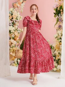 SHEIN Leap Crew Teen Girls Ditsy Floral Print Ruffle Trim Ruffle Hem Dress - Red and White - View 4