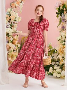 SHEIN Leap Crew Teen Girls Ditsy Floral Print Ruffle Trim Ruffle Hem Dress - Red and White - View 5