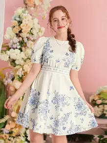 SHEIN Leap Crew 青少年女孩印花泡泡袖洋裝