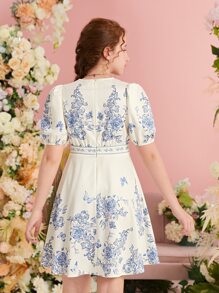 SHEIN Leap Crew 青少年女孩印花泡泡袖洋裝