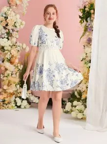 SHEIN Leap Crew 青少年女孩印花泡泡袖洋裝