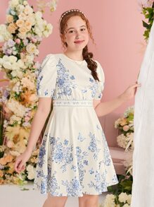 SHEIN Leap Crew 青少年女孩印花泡泡袖洋裝