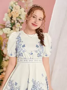 SHEIN Leap Crew 青少年女孩印花泡泡袖洋裝