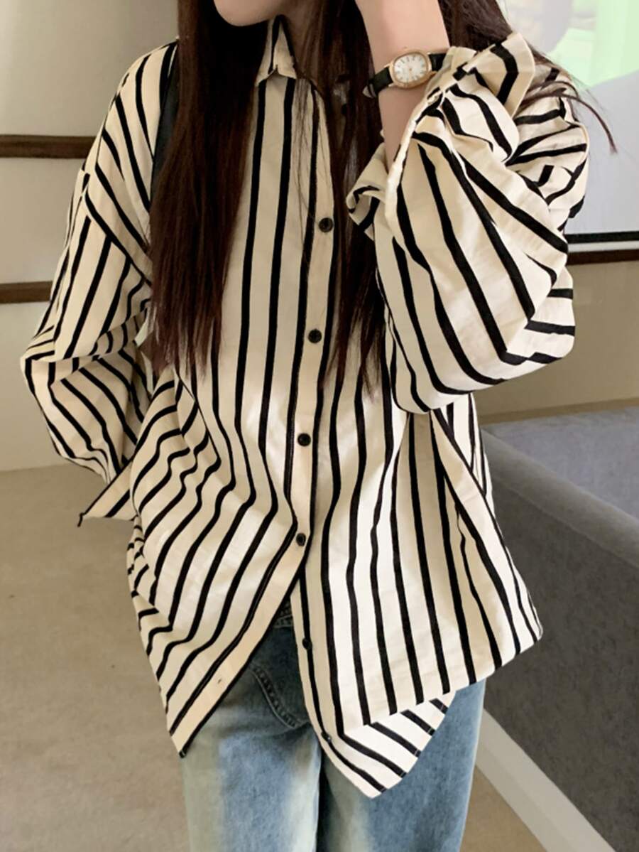 Vertical Stripe Drop Shoulder Oversized Shirt - Apricot - View 1
