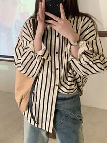 Vertical Stripe Drop Shoulder Oversized Shirt - Apricot - View 3