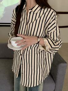 Vertical Stripe Drop Shoulder Oversized Shirt - Apricot - View 4