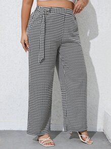 Calvaya Plus Houndstooth Print Wide Leg Suit Trousers - Black and White - View 3