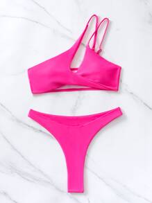 Solid Bikini Set Cut-Out One Shoulder Bra & High Cut Bottom 2 Pieces Bikini Summer Beach - Hot Pink - View 3