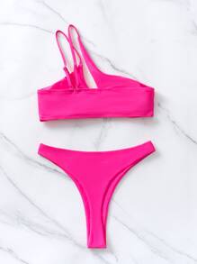 Solid Bikini Set Cut-Out One Shoulder Bra & High Cut Bottom 2 Pieces Bikini Summer Beach - Hot Pink - View 4