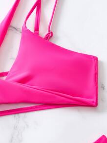 Solid Bikini Set Cut-Out One Shoulder Bra & High Cut Bottom 2 Pieces Bikini Summer Beach - Hot Pink - View 5