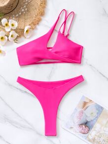 Solid Bikini Set Cut-Out One Shoulder Bra & High Cut Bottom 2 Pieces Bikini Summer Beach - Hot Pink - View 6