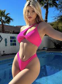 Solid Bikini Set Cut-Out One Shoulder Bra & High Cut Bottom 2 Pieces Bikini Summer Beach - Hot Pink - View 7