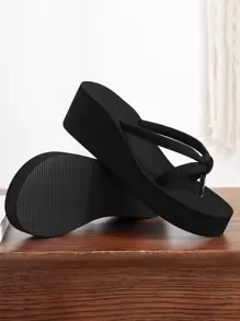 女士人字拖鞋，夏季黑色仿麂皮人字拖鞋，泡沫鞋底坡跟，黑色时尚纯色女士人字拖鞋，沙滩装，女士拖鞋 - 黑色 - 查看 1