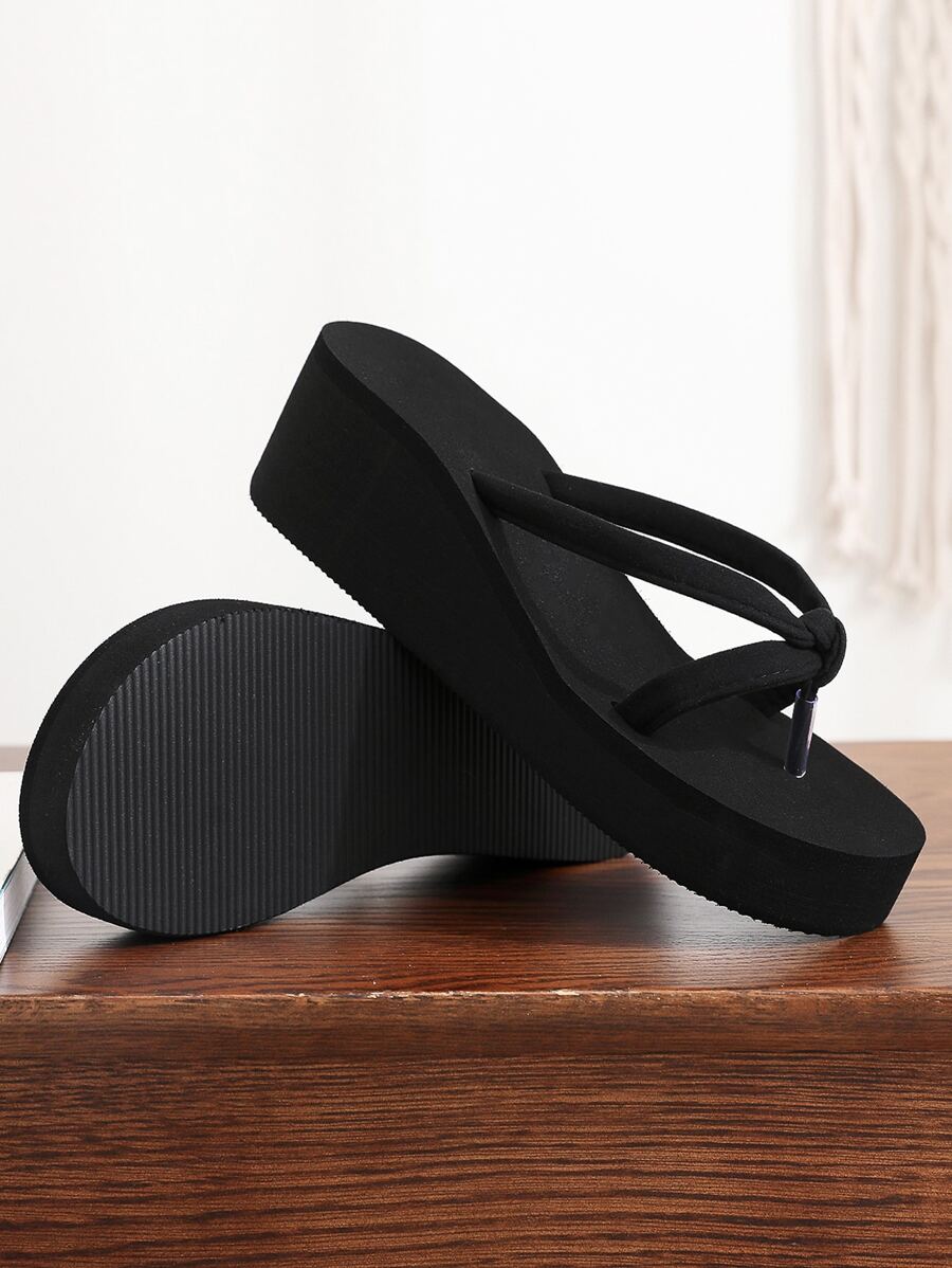 女士人字拖鞋，夏季黑色仿麂皮人字拖鞋，泡沫鞋底坡跟，黑色时尚纯色女士人字拖鞋，沙滩装，女士拖鞋 - 黑色 - 查看 1