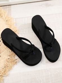女士人字拖鞋，夏季黑色仿麂皮人字拖鞋，泡沫鞋底坡跟，黑色时尚纯色女士人字拖鞋，沙滩装，女士拖鞋 - 黑色 - 查看 3