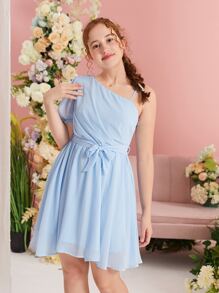 SHEIN Đầm Gái Bất đối xứng Thắt lưng màu trơn Buổi tiệc - Màu xanh nhạt - Xem 1