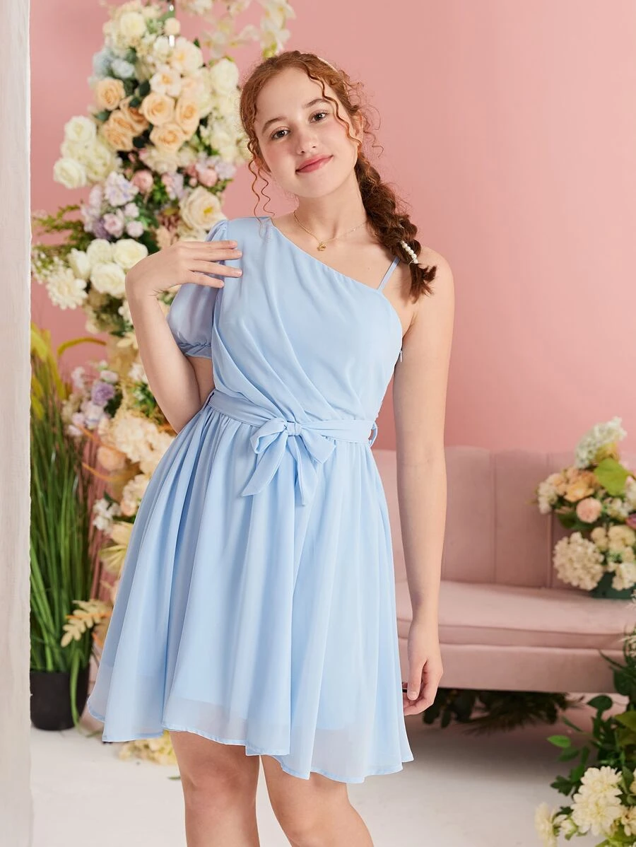 SHEIN Đầm Gái Bất đối xứng Thắt lưng màu trơn Buổi tiệc - Màu xanh nhạt - Xem 1