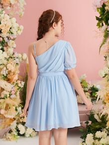 SHEIN Đầm Gái Bất đối xứng Thắt lưng màu trơn Buổi tiệc - Màu xanh nhạt - Xem 2