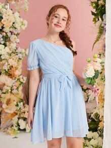 SHEIN Đầm Gái Bất đối xứng Thắt lưng màu trơn Buổi tiệc - Màu xanh nhạt - Xem 5