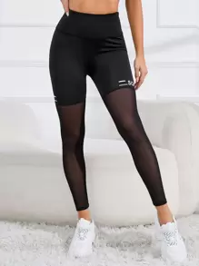 Easithlete 字母圖案網紗拼接運動打底褲 - 黑色 - 查看 4