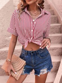 SHEIN LUNE Áo sơ mi nữ Nút phía trước Sọc Giải trí - Đỏ và trắng - Xem 3