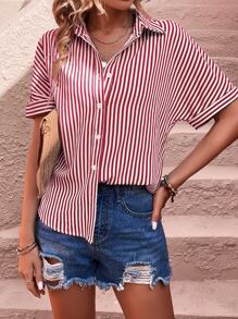 SHEIN LUNE Áo sơ mi nữ Nút phía trước Sọc Giải trí - Đỏ và trắng - Xem 4