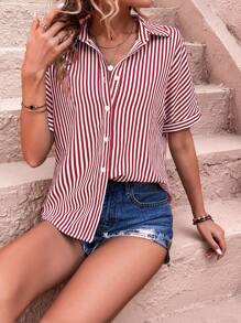 SHEIN LUNE Áo sơ mi nữ Nút phía trước Sọc Giải trí - Đỏ và trắng - Xem 5